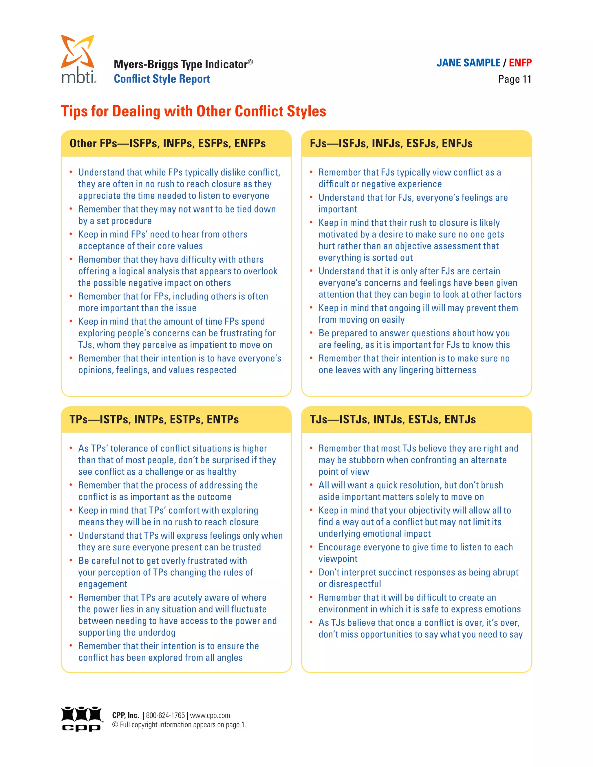 Myers-Briggs Type Indicator®                                                         JANE SAMPLE / ENFP
               Conflict Style Report                                                                                 Page 11


Tips for Dealing with Other Conflict Styles
 Other FPs—ISFPs, INFPs, ESFPs, ENFPs                           FJs—ISFJs, INFJs, ESFJs, ENFJs

 •	   Understand that while FPs typically dislike conflict,     •	   Remember that FJs typically view conflict as a
      they are often in no rush to reach closure as they             difficult or negative experience
      appreciate the time needed to listen to everyone          •	   Understand that for FJs, everyone’s feelings are
 •	   Remember that they may not want to be tied down                important
      by a set procedure                                        •	   Keep in mind that their rush to closure is likely
 •	   Keep in mind FPs’ need to hear from others                     motivated by a desire to make sure no one gets
      acceptance of their core values                                hurt rather than an objective assessment that
 •	   Remember that they have difficulty with others                 everything is sorted out
      offering a logical analysis that appears to overlook      •	   Understand that it is only after FJs are certain
      the possible negative impact on others                         everyone’s concerns and feelings have been given
 •	   Remember that for FPs, including others is often               attention that they can begin to look at other factors
      more important than the issue                             •	   Keep in mind that ongoing ill will may prevent them
 •	   Keep in mind that the amount of time FPs spend                 from moving on easily
      exploring people’s concerns can be frustrating for        •	   Be prepared to answer questions about how you
      TJs, whom they perceive as impatient to move on                are feeling, as it is important for FJs to know this
 •	   Remember that their intention is to have everyone’s       •	   Remember that their intention is to make sure no
      opinions, feelings, and values respected                       one leaves with any lingering bitterness




 TPs—ISTPs, INTPs, ESTPs, ENTPs                                 TJs—ISTJs, INTJs, ESTJs, ENTJs

 •	   As TPs’ tolerance of conflict situations is higher        •	   Remember that most TJs believe they are right and
      than that of most people, don’t be surprised if they           may be stubborn when confronting an alternate
      see conflict as a challenge or as healthy                      point of view
 •	   Remember that the process of addressing the               •	   All will want a quick resolution, but don’t brush
      conflict is as important as the outcome                        aside important matters solely to move on
 •	   Keep in mind that TPs’ comfort with exploring             •	   Keep in mind that your objectivity will allow all to
      means they will be in no rush to reach closure                 find a way out of a conflict but may not limit its
 •	   Understand that TPs will express feelings only when            underlying emotional impact
      they are sure everyone present can be trusted             •	   Encourage everyone to give time to listen to each
 •	   Be careful not to get overly frustrated with                   viewpoint
      your perception of TPs changing the rules of              •	   Don’t interpret succinct responses as being abrupt
      engagement                                                     or disrespectful
 •	   Remember that TPs are acutely aware of where              •	   Remember that it will be difficult to create an
      the power lies in any situation and will fluctuate             environment in which it is safe to express emotions
      between needing to have access to the power and           •	   As TJs believe that once a conflict is over, it’s over,
      supporting the underdog                                        don’t miss opportunities to say what you need to say
 •	   Remember that their intention is to ensure the
      conflict has been explored from all angles




              CPP, Inc. | 800-624-1765 | www.cpp.com
              © Full copyright information appears on page 1.
 