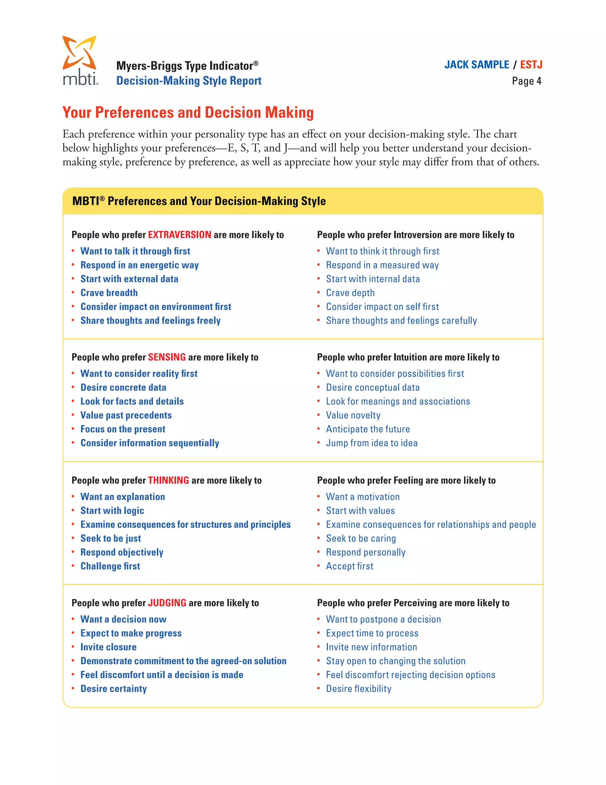 Jack Sample MBTI Decision-Making Style Report | PDF
