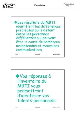 Facilitator Guide
              Presentation                                   Page 12




   Les résultats du MBTI
  identifient les différences
  précieuses qui existent
  entre les personnes
  différentes qui peuvent
  être la cause de nombreux
  malentendus et mauvaises
  communications.
1/05/02        Osiris Conseil   Les types en images 23




        Vos réponses à
      l’inventaire du
      MBTI vous
      permettront
      d’identifier vos
      talents personnels.
1/05/02        Osiris Conseil   Les types en images 24
 