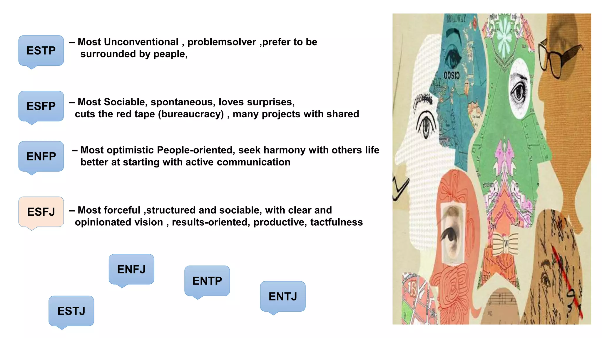– Most Unconventional , problemsolver ,prefer to be
surrounded by peaple,
– Most Sociable, spontaneous, loves surprises,
cuts the red tape (bureaucracy) , many projects with shared
– Most optimistic People-oriented, seek harmony with others life
better at starting with active communication
– Most forceful ,structured and sociable, with clear and
opinionated vision , results-oriented, productive, tactfulness
ESTP
ENFP
ENTP
ESTJ
ENFJ
ENTJ
ESFP
ESFJ
 