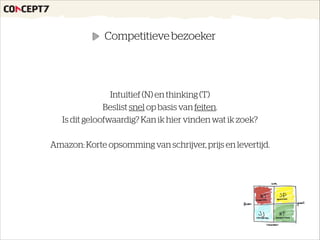 Intuïtief (N) en thinking (T)
Beslist snel op basis van feiten.
Is dit geloofwaardig? Kan ik hier vinden wat ik zoek?
!
Amazon: Korte opsomming van schrijver, prijs en levertijd.
Competitieve bezoeker
 