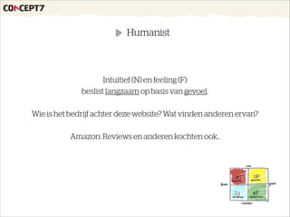 Intuïtief (N) en feeling (F)
beslist langzaam op basis van gevoel.
!
Wie is het bedrijf achter deze website? Wat vinden anderen ervan?
!
Amazon: Reviews en anderen kochten ook..
Humanist
 
