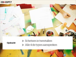 Schetsen in tweetallen
Alle 4 de types aanspreken
Opdracht
 