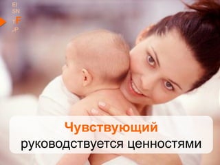 EI
SN
TF
JP
Чувствующий
руководствуется ценностями
 