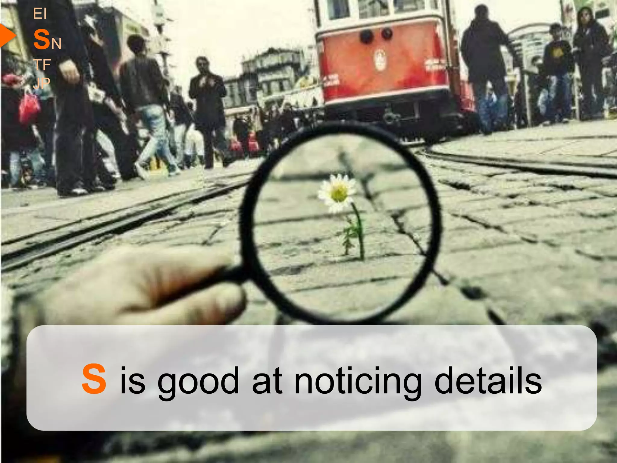 EI
SN
TF
JP




     S is good at noticing details
 