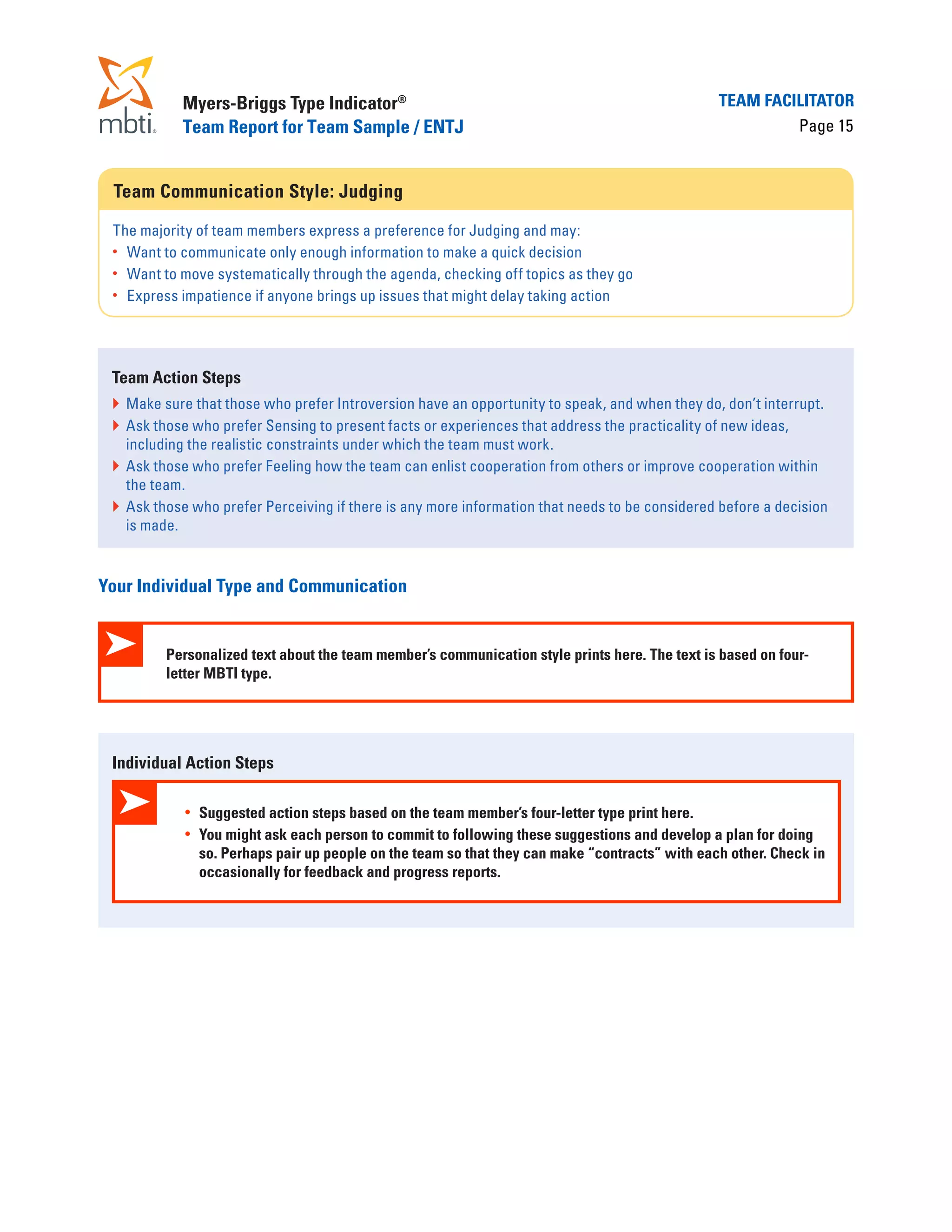 Myers-Briggs Type Indicator®                                                          Team Facilitator
            Team Report for Team Sample / ENTJ                                                             Page 15


 Team Communication Style: Judging

 The majority of team members express a preference for Judging and may:
 •	 Want to communicate only enough information to make a quick decision
 •	 Want to move systematically through the agenda, checking off topics as they go
 •	 Express impatience if anyone brings up issues that might delay taking action




 Team Action Steps
 }	 Make sure that those who prefer Introversion have an opportunity to speak, and when they do, don’t interrupt.
 }	 Ask those who prefer Sensing to present facts or experiences that address the practicality of new ideas,
    including the realistic constraints under which the team must work.
 }	 Ask those who prefer Feeling how the team can enlist cooperation from others or improve cooperation within
    the team.
 }	 Ask those who prefer Perceiving if there is any more information that needs to be considered before a decision
    is made.


Your Individual Type and Communication


         Personalized text about the team member’s communication style prints here. The text is based on four-
         letter MBTI type.




 Individual Action Steps

            •	   Suggested action steps based on the team member’s four-letter type print here.
            •	   You might ask each person to commit to following these suggestions and develop a plan for doing
                 so. Perhaps pair up people on the team so that they can make “contracts” with each other. Check in
                 occasionally for feedback and progress reports.
 