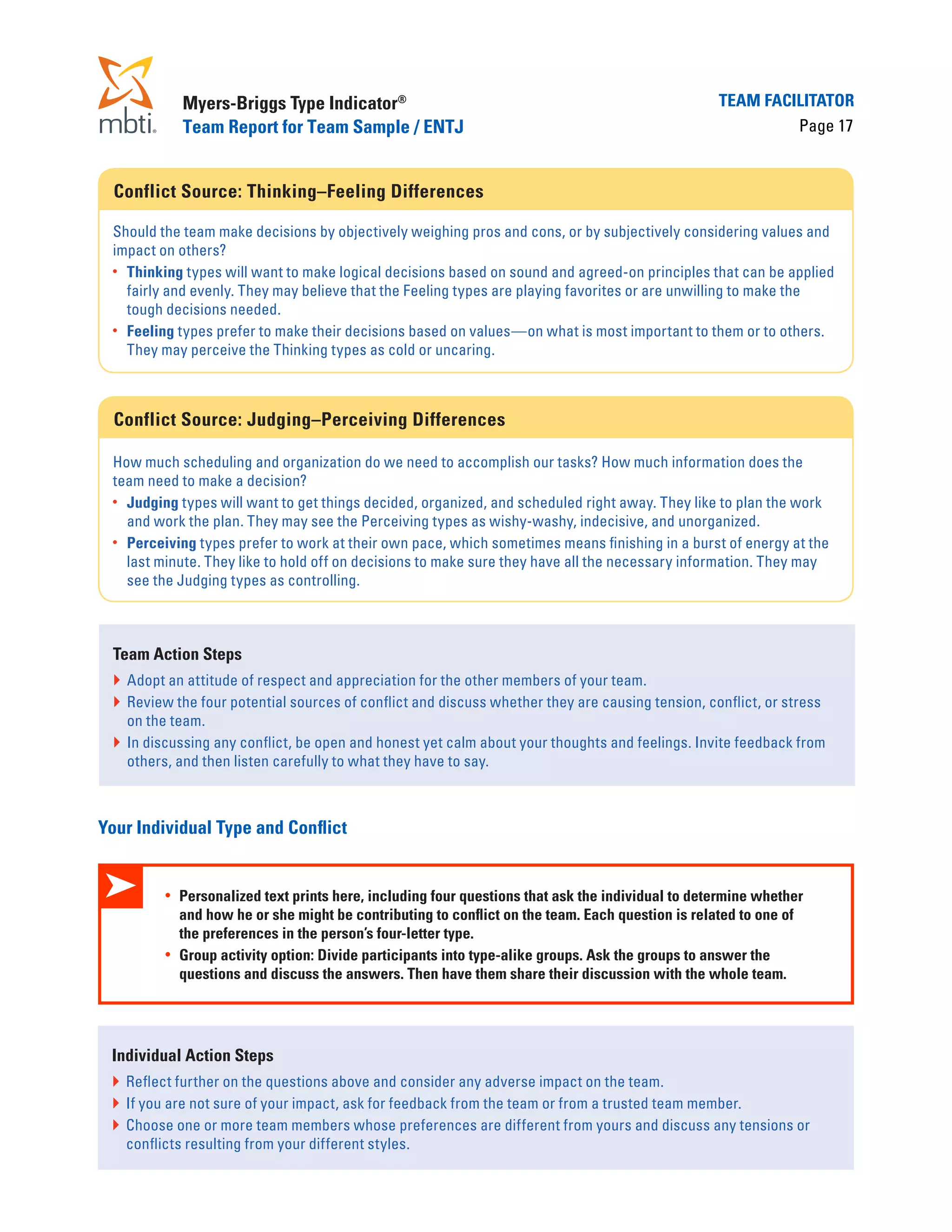 Myers-Briggs Type Indicator®                                                        Team Facilitator
              Team Report for Team Sample / ENTJ                                                           Page 17


  Conflict Source: Thinking–Feeling Differences

 Should the team make decisions by objectively weighing pros and cons, or by subjectively considering values and
 impact on others?
 •	 Thinking types will want to make logical decisions based on sound and agreed-on principles that can be applied
    fairly and evenly. They may believe that the Feeling types are playing favorites or are unwilling to make the
    tough decisions needed.
 •	 Feeling types prefer to make their decisions based on values—on what is most important to them or to others.
    They may perceive the Thinking types as cold or uncaring.



  Conflict Source: Judging–Perceiving Differences

 How much scheduling and organization do we need to accomplish our tasks? How much information does the
 team need to make a decision?
 •	 Judging types will want to get things decided, organized, and scheduled right away. They like to plan the work
    and work the plan. They may see the Perceiving types as wishy-washy, indecisive, and unorganized.
 •	 Perceiving types prefer to work at their own pace, which sometimes means finishing in a burst of energy at the
    last minute. They like to hold off on decisions to make sure they have all the necessary information. They may
    see the Judging types as controlling.



 Team Action Steps
 }	 Adopt an attitude of respect and appreciation for the other members of your team.
 }	 Review the four potential sources of conflict and discuss whether they are causing tension, conflict, or stress
    on the team.
 }	 In discussing any conflict, be open and honest yet calm about your thoughts and feelings. Invite feedback from
    others, and then listen carefully to what they have to say.



Your Individual Type and Conflict


         •	 Personalized text prints here, including four questions that ask the individual to determine whether
            and how he or she might be contributing to conflict on the team. Each question is related to one of
            the preferences in the person’s four-letter type.
         •	 Group activity option: Divide participants into type-alike groups. Ask the groups to answer the
            questions and discuss the answers. Then have them share their discussion with the whole team.




 Individual Action Steps
 }	 Reflect further on the questions above and consider any adverse impact on the team.
 }	 If you are not sure of your impact, ask for feedback from the team or from a trusted team member.
 }	 Choose one or more team members whose preferences are different from yours and discuss any tensions or
    conflicts resulting from your different styles.
 