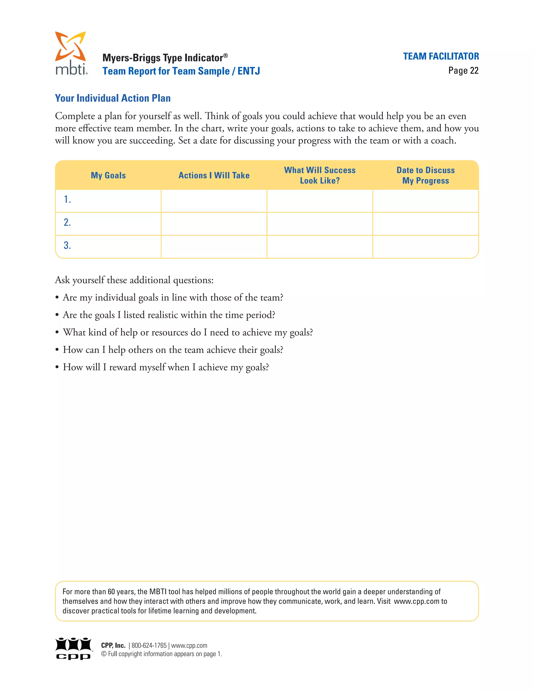 Myers-Briggs Type Indicator®                                                                 Team Facilitator
              Team Report for Team Sample / ENTJ                                                                    Page 22

Your Individual Action Plan
Complete a plan for yourself as well. Think of goals you could achieve that would help you be an even
more effective team member. In the chart, write your goals, actions to take to achieve them, and how you
will know you are succeeding. Set a date for discussing your progress with the team or with a coach.

                                                                      What Will Success                  Date to Discuss
          My Goals                         Actions I Will Take
                                                                         Look Like?                       My Progress

  1.

  2.

  3.


Ask yourself these additional questions:
•	 Are my individual goals in line with those of the team?
•	 Are the goals I listed realistic within the time period?
•	 What kind of help or resources do I need to achieve my goals?
•	 How can I help others on the team achieve their goals?
•	 How will I reward myself when I achieve my goals?




  For more than 60 years, the MBTI tool has helped millions of people throughout the world gain a deeper understanding of
  themselves and how they interact with others and improve how they communicate, work, and learn. Visit www.cpp.com to
  discover practical tools for lifetime learning and development.



             CPP, Inc. | 800-624-1765 | www.cpp.com
             © Full copyright information appears on page 1.
 