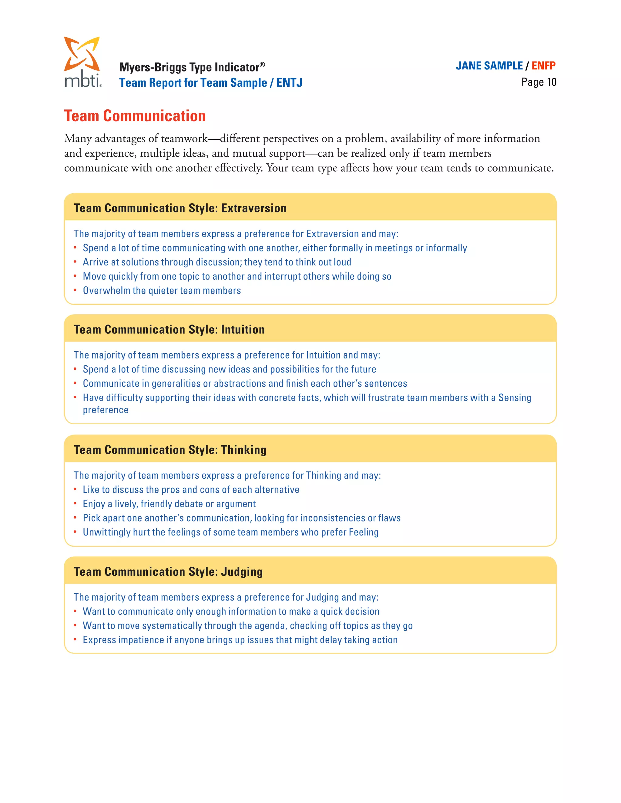 Myers-Briggs Type Indicator®                                                      JANE SAMPLE / ENFP
            Team Report for Team Sample / ENTJ                                                           Page 10


Team Communication
Many advantages of teamwork—different perspectives on a problem, availability of more information
and experience, multiple ideas, and mutual support—can be realized only if team members
communicate with one another effectively. Your team type affects how your team tends to communicate.


  Team Communication Style: Extraversion

 The majority of team members express a preference for Extraversion and may:
 •	 Spend a lot of time communicating with one another, either formally in meetings or informally
 •	 Arrive at solutions through discussion; they tend to think out loud
 •	 Move quickly from one topic to another and interrupt others while doing so
 •	 Overwhelm the quieter team members




  Team Communication Style: Intuition

 The majority of team members express a preference for Intuition and may:
 •	 Spend a lot of time discussing new ideas and possibilities for the future
 •	 Communicate in generalities or abstractions and finish each other’s sentences
 •	 Have difficulty supporting their ideas with concrete facts, which will frustrate team members with a Sensing
    preference



  Team Communication Style: Thinking

 The majority of team members express a preference for Thinking and may:
 •	 Like to discuss the pros and cons of each alternative
 •	 Enjoy a lively, friendly debate or argument
 •	 Pick apart one another’s communication, looking for inconsistencies or flaws
 •	 Unwittingly hurt the feelings of some team members who prefer Feeling




  Team Communication Style: Judging

 The majority of team members express a preference for Judging and may:
 •	 Want to communicate only enough information to make a quick decision
 •	 Want to move systematically through the agenda, checking off topics as they go
 •	 Express impatience if anyone brings up issues that might delay taking action
 