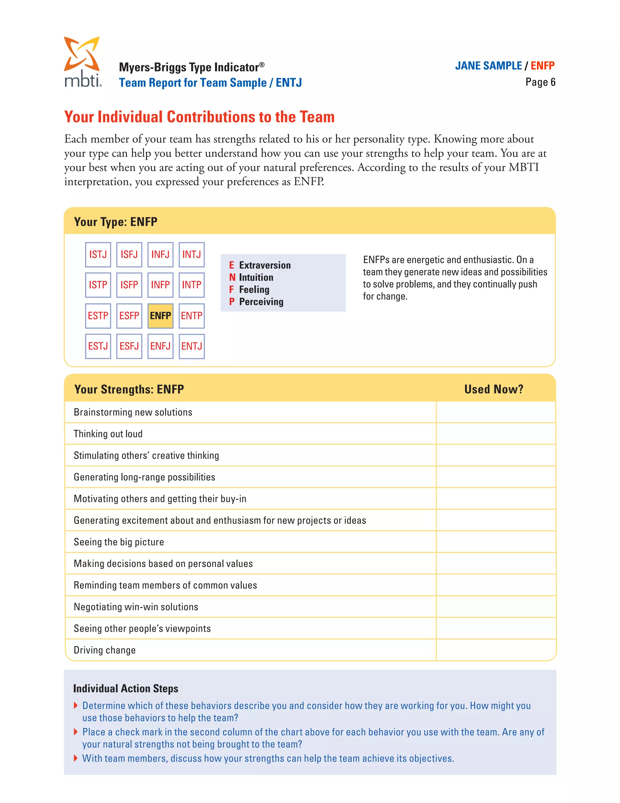 Myers-Briggs Type Indicator®                                                    JANE SAMPLE / ENFP
            Team Report for Team Sample / ENTJ                                                          Page 6


Your Individual Contributions to the Team
Each member of your team has strengths related to his or her personality type. Knowing more about
your type can help you better understand how you can use your strengths to help your team. You are at
your best when you are acting out of your natural preferences. According to the results of your MBTI
interpretation, you expressed your preferences as ENFP.


  Your Type: ENFP

     ISTJ   ISFJ     INFJ   INTJ
                                                                      ENFPs are energetic and enthusiastic. On a
                                         E 	Extraversion 	
                                                                      team they generate new ideas and possibilities
                                         N	 Intuition
     ISTP   ISFP     INFP   INTP                                      to solve problems, and they continually push
                                         F	 Feeling
                                                                      for change.
                                         P	 Perceiving
    ESTP    ESFP     ENFP ENTP

    ESTJ    ESFJ     ENFJ   ENTJ



  Your Strengths: ENFP                                                                         Used Now?
 Brainstorming new solutions

 Thinking out loud

 Stimulating others’ creative thinking

 Generating long-range possibilities

 Motivating others and getting their buy-in

 Generating excitement about and enthusiasm for new projects or ideas

 Seeing the big picture

 Making decisions based on personal values

 Reminding team members of common values

 Negotiating win-win solutions

 Seeing other people’s viewpoints

 Driving change


 Individual Action Steps
 }	 Determine which of these behaviors describe you and consider how they are working for you. How might you
    use those behaviors to help the team?
 }	 Place a check mark in the second column of the chart above for each behavior you use with the team. Are any of
    your natural strengths not being brought to the team?
 }	 With team members, discuss how your strengths can help the team achieve its objectives.
 