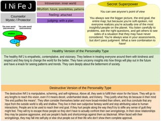 The destructive INFJ is manipulative, scheming, and self-righteous. Above all, they seek to fulfill their vision for the future. They will go to
any lengths to reach this vision, even if it means deceit, underhanded deals, and trickery. They justify what they do because in their mind
“the end justifies the means”. They often consider themselves better and more broad-minded than others, and thus conclude that any
input from the outside world is silly and shallow. They live in their own subjective fantasy world and stop attributing value to human
interactions. People are to be used to reach their end goal. If they hurt people along the way they’ll try to stifle any sense of guilt they
might feel. They will try to escape those people so they don’t have to actually confront their own wrongdoings. In their close relationships
they may be passive aggressive, and use people’s faults and shortcomings against them as blackmail. When faced with their
wrongdoings, they may fall into self-pity or else shut people out of their life who don’t show them complete approval.
Destructive Version of the Personality Type
The healthy INFJ is empathetic, contemplative, and visionary. They believe in treating everyone around them with kindness and
respect and they long to change the world for the better. They have uncanny insights into how things will play out in the future
and have a knack for seeing patterns and trends. They care deeply about the betterment of society.
Healthy Version of the Personality Type
I Ni Fe J
Counselor
Mystic / Protector
Introversion: inner world
iNtuition: future, possibilities, patterns
Judging: with a plan
You can see anyone’s point of view
You always see the bigger picture, the end goal, the
entire map; but because you’re soft-spoken, not
everyone realizes you’re actually one of the most
insightful people on the planet. You listen carefully to
problems, ask the right questions, and get others to see
sides of a situation that they may have never
considered. You’re always wise in your assessments,
but don’t pass judgment. What a rare combination to
have!
Secret Superpower
Feeling: attached
 