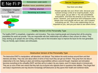 The destructive ENFP is manipulative, self-absorbed, and disloyal. They believe the world revolves around them and their
interests and ideas. They only care about others in terms of how much they can get out of them. They jump from one idea or
relationship to the next, flaking on plans and shirking responsibilities without a second thought. Inspiration and stimulation
becomes everything to the unhealthy ENFP, and they will try to attain it by any means, even if it means deceit or immoral acts.
They are so sure of their own visions that they lash out at anyone who opposes them or questions their abilities. They forget their
own body’s requirements and may become increasingly self-destructive as they ignore their health and nutritional needs.
Destructive Version of the Personality Type
The healthy ENFP is empathetic, imaginative, and innovative. They enjoy inspiring people and showing them all the amazing
possibilities the world can provide. They are responsible with their relationships and selfless in their concern for others. They
enjoy sticking up for people who are hurting, and they want to find innovative ways to improve the future for the next generation.
They are friendly, open-minded, and enthusiastic.
Healthy Version of the Personality Type
E Ne Fi P
Champion / Inspirer
Popular
Extroversion: outer world
iNtuition: future, possibilities, patterns
Perceiving: as it comes
Feeling: attached
Your love runs deep
People typically see your driven side, because your
outward energy is that of an inspiring leader. If you
have a goal, you go after it. You see possibilities
everywhere, and have the tenacity to put them into
action. However, your quiet love and compassion runs
deeper than most people will ever see, and it powers
everything you do. This is why relationships are so
important to you, and you just want to see others thrive.
Secret Superpower
 