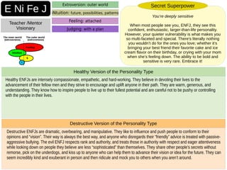 Destructive ENFJs are dramatic, overbearing, and manipulative. They like to influence and push people to conform to their
opinions and “vision”. Their way is always the best way, and anyone who disregards their “friendly” advice is treated with passive-
aggressive bullying. The evil ENFJ respects rank and authority, and treats those in authority with respect and eager attentiveness
while looking down on people they believe are less “sophisticated” than themselves. They share other people’s secrets without
remorse, pick on the underdogs, and kiss up to anyone who can help them to advance their vision or idea for the future. They can
seem incredibly kind and exuberant in person and then ridicule and mock you to others when you aren’t around.
Destructive Version of the Personality Type
Healthy ENFJs are intensely compassionate, empathetic, and hard-working. They believe in devoting their lives to the
advancement of their fellow men and they strive to encourage and uplift anyone in their path. They are warm, generous, and
understanding. They know how to inspire people to live up to their fullest potential and are careful not to be pushy or controlling
with the people in their lives.
Healthy Version of the Personality Type
E Ni Fe J
Teacher /Mentor
Visionary
Extroversion: outer world
iNtuition: future, possibilities, patterns
Judging: with a plan
Feeling: attached
You’re deeply sensitive
When most people see you, ENFJ, they see this
confident, enthusiastic, larger-than-life personality.
However, your quieter vulnerability is what makes you
so multi-faceted and special. There’s literally nothing
you wouldn’t do for the ones you love; whether it’s
bringing your best friend their favorite cake and ice
cream flavor on their birthday, or crying with your mom
when she’s feeling down. The ability to be bold and
sensitive is very rare. Embrace it!
Secret Superpower
 