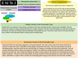Destructive ENTJs are dominating, aggressive, and quick-tempered. They have a clear vision for the future and will force
everyone to follow their vision, caring little for other people’s perspectives and views. They have fiery tempers and can be
intimidating bullies, using their quick wits and cold hard logic as a weapon to humiliate and silence their opponents. They will
consider themselves above emotions and subjective “feelings”, but will become temperamental and wallow in self-pity when
things don’t go their way. They consider the feelings and values of others stupid or silly and they are exceedingly proud of their
logical “superiority”. They like to control other people, and enjoy using their intuitive perceptions as a way to play mean tricks on
others. Domination is a game to them, and they are increasingly power hungry as they become more and more unhealthy.
Destructive Version of the Personality Type
Healthy ENTJs are objective, hard-working, and balance their vision and planning with a strong sense of integrity. They are
honest and productive, always pushing themselves to a higher standard. They don’t ask other people to do work they wouldn’t do
themselves, and they are intensely loyal and dedicated to the people they love. They have a clear vision for the future and take
time to reflect on their decisions before coming up with an effective plan.
Healthy Version of the Personality Type
iNtuition: future, possibilities, patterns
E Ni Te J
Fieldmarshal / Executive
Leader
Extroversion: outer world
Thinking: detached
Judging: with a plan
You’re more creative than others usually see
Lots of people see you as this high-achieving leader;
and you are. But that’s also your more public persona.
You love music, literature, art, culture, film, and forms of
creative expression. You might even harbor a secret
dream of becoming an artist or writer. You might end up
that startup CEO who gets a book published in their
spare time.
Secret Superpower
 