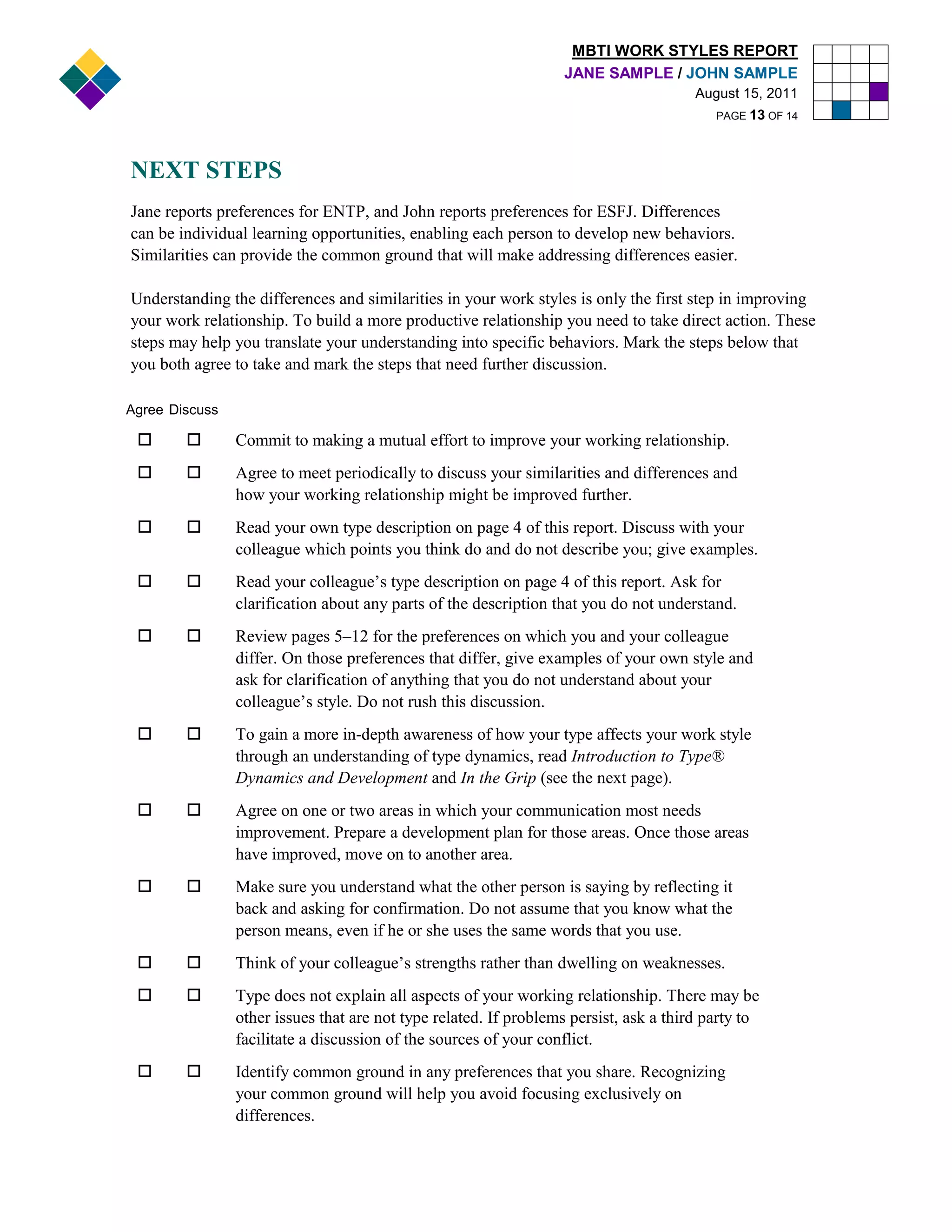 MBTI WORK STYLES REPORT
                                                                  JANE SAMPLE / JOHN SAMPLE
                                                                                       August 15, 2011
                                                                                          PAGE 13 OF 14




NEXT STEPS
Jane reports preferences for ENTP, and John reports preferences for ESFJ. Differences
can be individual learning opportunities, enabling each person to develop new behaviors.
Similarities can provide the common ground that will make addressing differences easier.

Understanding the differences and similarities in your work styles is only the first step in improving
your work relationship. To build a more productive relationship you need to take direct action. These
steps may help you translate your understanding into specific behaviors. Mark the steps below that
you both agree to take and mark the steps that need further discussion.

Agree Discuss

                Commit to making a mutual effort to improve your working relationship.
                Agree to meet periodically to discuss your similarities and differences and
                how your working relationship might be improved further.
                Read your own type description on page 4 of this report. Discuss with your
                colleague which points you think do and do not describe you; give examples.
                Read your colleague’s type description on page 4 of this report. Ask for
                clarification about any parts of the description that you do not understand.
                Review pages 5–12 for the preferences on which you and your colleague
                differ. On those preferences that differ, give examples of your own style and
                ask for clarification of anything that you do not understand about your
                colleague’s style. Do not rush this discussion.
                To gain a more in-depth awareness of how your type affects your work style
                through an understanding of type dynamics, read Introduction to Type®
                Dynamics and Development and In the Grip (see the next page).
                Agree on one or two areas in which your communication most needs
                improvement. Prepare a development plan for those areas. Once those areas
                have improved, move on to another area.
                Make sure you understand what the other person is saying by reflecting it
                back and asking for confirmation. Do not assume that you know what the
                person means, even if he or she uses the same words that you use.
                Think of your colleague’s strengths rather than dwelling on weaknesses.
                Type does not explain all aspects of your working relationship. There may be
                other issues that are not type related. If problems persist, ask a third party to
                facilitate a discussion of the sources of your conflict.
                Identify common ground in any preferences that you share. Recognizing
                your common ground will help you avoid focusing exclusively on
                differences.
 