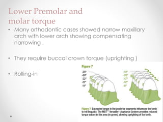 Lower Premolar and
molar torque
• Many orthodontic cases showed narrow maxillary
arch with lower arch showing compensating
narrowing .
• They require buccal crown torque (uprighting )
• Rolling-in
 