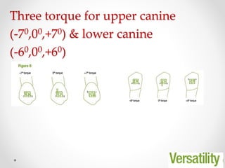 Three torque for upper canine
(-70,00,+70) & lower canine
(-60,00,+60)
 