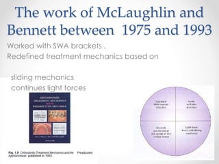 The work of McLaughlin and
Bennett between 1975 and 1993
Worked with SWA brackets .
Redefined treatment mechanics based on
sliding mechanics
continues light forces
 