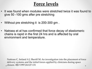 Force levels
• It was found when modules were stretched twice it was found to
give 50 -100 gms after pre stretching
• Without pre stretching it is 200-300 gm .
• Natrass et al has confirmed that force decay of elastomeric
chains is rapid in the first 24 hrs and is affected by oral
environment and temperature.
Nattrass C, Ireland A J, Sheriff M: An investigation into the placement of force
delivery systems and the initial forces applied by clinicians during space
closure. BJO 1997:24:127-131
 