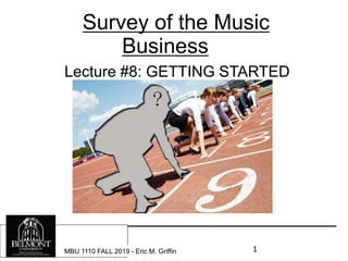 1
Music Publishing
Survey of the Music
Business
Lecture #8: GETTING STARTED
A NEW ARTIST CHECKLIST
(Sources include SoundExchange.com)
MBU 1110 FALL 2019 - Eric M. Griffin
 