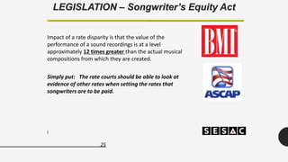 25
LEGISLATION – Songwriter’s Equity Act
Impact of a rate disparity is that the value of the
performance of a sound recordings is at a level
approximately 12 times greater than the actual musical
compositions from which they are created.
Simply put: The rate courts should be able to look at
evidence of other rates when setting the rates that
songwriters are to be paid.
i
 