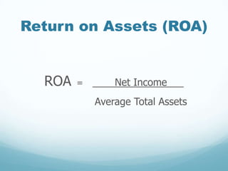 Return on Assets (ROA)
ROA = ____Net Income___
Average Total Assets
 