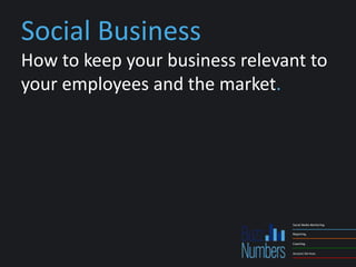 Social Business
How to keep your business relevant to
your employees and the market.




                                Social Media Monitoring.


                                Reporting.


                                Coaching.


                                Account Services.
 