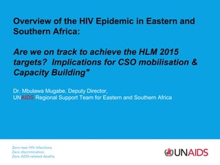 Overview of the HIV Epidemic in Eastern and
Southern Africa:

Are we on track to achieve the HLM 2015
targets? Implications for CSO mobilisation &
Capacity Building"

Dr. Mbulawa Mugabe, Deputy Director,
UNAIDS Regional Support Team for Eastern and Southern Africa
 