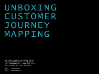 WE SHARE SLIDES AND VIDEO IN OUR
MORGENBOOSTER GROUP ON LINKEDIN
USE #MORGENBOOSTER WHEN YOU SHARE
EXPERIENCES OF TODAY ON SOME
WIFI: 1508 GUEST
CODE: JEGVILONLINE
UNBOXING
CUSTOMER
JOURNEY
MAPPING
 