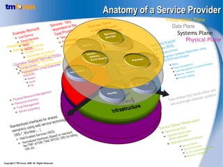Anatomy of a Service Provider
                                                                 Presentation Plane
                                                                    Data Plane
                                                                      Systems Plane
                                                                          Physical Plane




Copyright © TM Forum, 2008 All Rights Reserved.
 