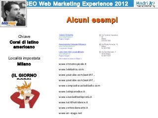 SEO Web Marketing Experience 2012
Alcuni esempiAlcuni esempi
Chiave
Corsi di latino
americano
Località impostata
Milano
(I...