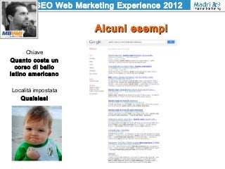 SEO Web Marketing Experience 2012
Alcuni esempiAlcuni esempi
Chiave
Quanto costa un
corso di ballo
latino americano
Locali...