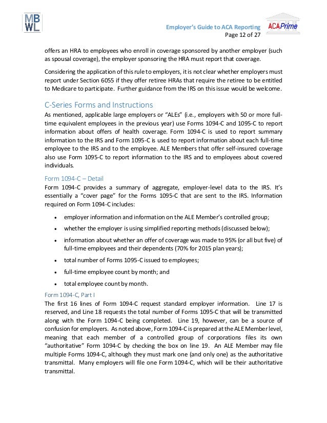 Mbwl Employer S Guide To Aca Reporting 10 08 18