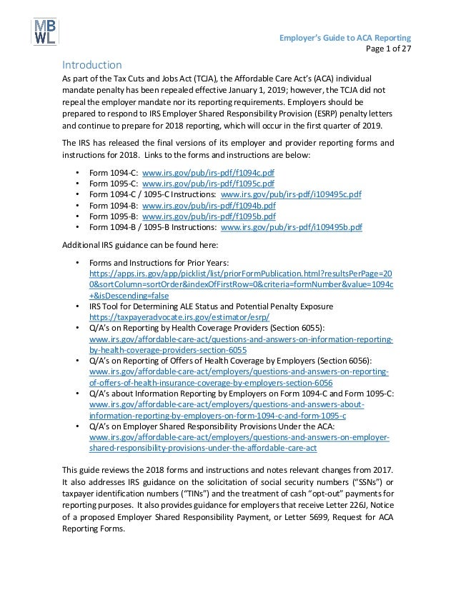 Mbwl Employer S Guide To Aca Reporting 10 08 18 Mbwl Employer S Guide To Aca Reporting 10 08 18