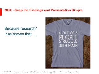 MBX –Keep the Findings and Presentation Simple
Because research*
has shown that …
* Note: There is no research to support this, this is a fabrication to support the overall theme of the presentation.
 