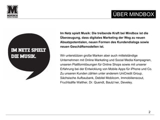 ÜBER MINDBOX


Im Netz spielt Musik: Die treibende Kraft bei Mindbox ist die
Überzeugung, dass digitales Marketing der Weg zu neuen
Absatzpotentialen, neuen Formen des Kundendialogs sowie
neuen Geschäftsmodellen ist.

Wir unterstützen große Marken aber auch mittelständige
Unternehmen mit Online Marketing und Social Media Kampagnen,
unseren Plattformlösungen für Online Shops sowie mit unserer
Erfahrung bei der Entwicklung von Mobile Apps für iPhone und Co.
Zu unseren Kunden zählen unter anderem UniCredit Group,
Sächsische Aufbaubank, Debitel Mobilcom, Immobilienscout,
Fruchtsäfte Walther, Dr. Quendt, Bautz’ner, Develey.




                                                             2
 