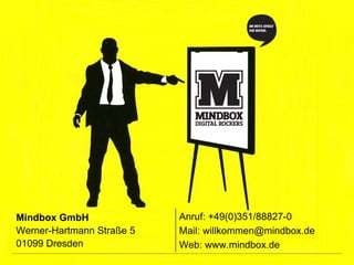 Mindbox GmbH               Anruf: +49(0)351/88827-0
Werner-Hartmann Straße 5   Mail: willkommen@mindbox.de
01099 Dresden              Web: www.mindbox.de           24
 