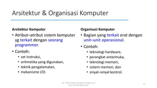 Arsitektur & Organisasi Komputer
Arsitektur Komputer
• Atribut–atribut sistem komputer
yg terkait dengan seorang
programmer.
• Contoh:
• set instruksi,
• aritmetika yang digunakan,
• teknik pengalamatan,
• mekanisme I/O.
Organisasi Komputer
• Bagian yang terkait erat dengan
unit–unit operasional.
• Contoh:
• teknologi hardware,
• perangkat antarmuka,
• teknologi memori,
• sistem memori, dan
• sinyal–sinyal kontrol.
SQ - http://sidiq.mercubuana-yogya.ac.id
dnd_07june07@live.com
14
 