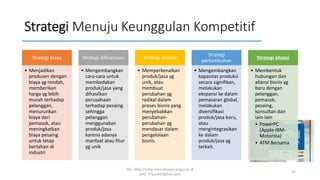 Strategi Menuju Keunggulan Kompetitif
SQ - http://sidiq.mercubuana-yogya.ac.id
dnd_07june07@live.com
31
Strategi biaya
• Menjadikan
produsen dengan
biaya yg rendah,
memberikan
harga yg lebih
murah terhadap
pelanggan,
menurunkan
biaya dari
pemasok, atau
meningkatkan
biaya pesaing
untuk tetap
bertahan di
industri
Strategi diferensiasi
• Mengembangkan
cara-cara untuk
membedakan
produk/jasa yang
dihasilkan
perusahaan
terhadap pesaing
sehingga
pelanggan
menggunakan
produk/jasa
karena adanya
manfaat atau fitur
yg unik
Strategi inovasi
• Memperkenalkan
produk/jasa yg
unik, atau
membuat
perubahan yg
radikal dalam
proses bisnis yang
menyebabkan
perubahan-
perubahan yg
mendasar dalam
pengelolaan
bisnis.
Strategi
pertumbuhan
• Mengembangkan
kapasitas produksi
secara signifikan,
melakukan
ekspansi ke dalam
pemasaran global,
melakukan
diversifikasi
produk/jasa baru,
atau
mengintegrasikan
ke dalam
produk/jasa yg
terkait.
Strategi aliansi
• Membentuk
hubungan dan
aliansi bisnis yg
baru dengan
pelanggan,
pemasok,
pesaing,
konsultan dan
lain-lain
• PowerPC
(Apple-IBM-
Motorola)
• ATM Bersama
 