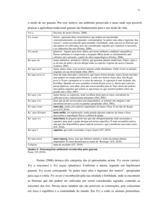 71

o modo de ser guarani. Por esse motivo, um ambiente preservado e áreas onde seja possível
praticar a agricultura tradicional guarani são fundamentais para o seu modo de vida.
Yvy a

Encostas de morro (Freitas, 2006).

Yvy awate

Serras - apresenta duas características que podem ser encontradas
concomitantemente, ou separadas: correspondem “as partes mais altas e íngremes dos
morros”, sendo reconhecido pela umidade e fertilidade, onde crescem as florestas que
não podem ser cultivadas, pois são consideradas sagradas por conterem as nascentes
e as cabeceiras dos rios (Freitas, 2006)
planícies - lugares para fazer aldeia, por terem melhores condições topográficas.
Nestes ambientes é comprovada a ocupação Mbyá desde os assentamentos précoloniais até o presente, a partir de sítios arqueológicos (Freitas, 2006).
matas autênticas, primárias e férteis, que guardam plantas medicinais, frutos, cipós e
as árvores de porte e devem abrigar todas as espécies vegetais do acervo Guarani
(Ladeira, 2001)
matas sadias, boas, com recursos naturais ainda abundantes. Onde vivem os animais
originais em sua diversidade (Ibid, 2001)
áreas de mata intocadas e intocáveis, que nunca foram pisadas, nunca foram mexidas,
nem podem ser usadas pelos homens, e estão nos morros muito altos. Em Kagüy
poru ey ficam e protegem-se os seres da natureza. A vegetação é mais fechada, não
há trilhas. Quando em seus caminhos avistam Kagüy poru ey, dizem que é preciso
passar depressa, sem olhar, para não serem atraídos para lá. Itaja (dono das pedras)
atira pedras naqueles que tentam se aproximar (os que insistem podem sofrer um
grande mal.) (Ibid, 2001)
matas baixas, as capoeiras, onde escolhem áreas para as roças, encontram ou
cultivam ervas e material para artesanato (Ibid, 2001)
áreas que já não servem para usar [degradadas], os animais não chegam e não
encontram árvores (yvyra) ou plantas apropriadas (Ibid, 2001)
mata alta, ainda com espécies importantes da fauna e flora. É um tipo de Kagüy
porá (GT,2010).
mata média, em regeneração, ainda guarda algumas espécies de fauna e flora
necessárias a reprodução física e cultural do grupo
mata baixa de pequeno porte mas que não obrigatoriamente estão associadas a
capoeira, para qual o grupo designa um termo específico. É mata secundária nativa,
mas que não disponibiliza quase nada de recursos o que consideram uma mata vazia
(GT, 2010).
capoeira, que estão associadas a roças (hapó) (GT, 2010).

Yvy angũy
Ka’aguy ete
Ka’aguy porã
Ka’aguy poru ey:

Ka’aguy yvin
Ka’aguy rive:
Ka’aguy iwate
Ka’ aguy Karapei
Ka’ aguy yvy

Ka’aguy’ï
Ka’aguy pocã
Calipioty

mata esparsa, baixa, mas que habitam animais e ainda encontram plantas
importantes. É como denominam as matas de “Restinga” (GT, 2010).
mata de eucalipto (GT, 2010).

Quadro 9 - Etnocategorias ambientais reconhecidas pelos guarani.
Fonte: GT (2010).

Freitas (2006) destaca três categorias das já apresentadas acima: Yvy awate (serras),
Yvy a (encostas) e Yvy anguy (planícies). Conforme a autora, segundo um interlocutor
guarani, Yvy awate corresponde “às partes mais altas e íngremes dos morros”, apropriadas
para caça e coleta. Yvy awate é reconhecido pela sua umidade e fertilidade, onde se encontram
as florestas que não podem ser cultivadas por serem consideradas sagradas, contendo as
nascentes dos rios. Nessas áreas também não são possíveis as construções, pois colocariam
em risco o equilíbrio e a continuidade do mundo. Em Yvy a estão os animais primordiais,

 