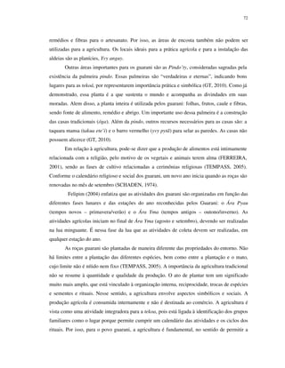 72

remédios e fibras para o artesanato. Por isso, as áreas de encosta também não podem ser
utilizadas para a agricultura. Os locais ideais para a prática agrícola e para a instalação das
aldeias são as planícies, Yvy anguy.
Outras áreas importantes para os guarani são as Pindo’ty, consideradas sagradas pela
existência da palmeira pindo. Essas palmeiras são “verdadeiras e eternas”, indicando bons
lugares para as tekoá, por representarem importância prática e simbólica (GT, 2010). Como já
demonstrado, essa planta é a que sustenta o mundo e acompanha as divindades em suas
moradas. Alem disso, a planta inteira é utilizada pelos guarani: folhas, frutos, caule e fibras,
sendo fonte de alimento, remédio e abrigo. Um importante uso dessa palmeira é a construção
das casas tradicionais (óga). Além da pindo, outros recursos necessários para as casas são: a
taquara mansa (takua ete’i) e o barro vermelho (yvy pytã) para selar as paredes. As casas não
possuem alicerce (GT, 2010).
Em relação à agricultura, pode-se dizer que a produção de alimentos está intimamente
relacionada com a religião, pelo motivo de os vegetais e animais terem alma (FERREIRA,
2001), sendo as fases de cultivo relacionadas a cerimônias religiosas (TEMPASS, 2005).
Conforme o calendário religioso e social dos guarani, um novo ano inicia quando as roças são
renovadas no mês de setembro (SCHADEN, 1974).
Felipim (2004) enfatiza que as atividades dos guarani são organizadas em função das
diferentes fases lunares e das estações do ano reconhecidas pelos Guarani: o Ára Pyau
(tempos novos – primavera/verão) e o Ára Yma (tempos antigos – outono/inverno). As
atividades agrícolas iniciam no final de Ára Yma (agosto e setembro), devendo ser realizadas
na lua minguante. É nessa fase da lua que as atividades de coleta devem ser realizadas, em
qualquer estação do ano.
As roças guarani são plantadas de maneira diferente das propriedades do entorno. Não
há limites entre a plantação das diferentes espécies, bem como entre a plantação e o mato,
cujo limite não é nítido nem fixo (TEMPASS, 2005). A importância da agricultura tradicional
não se resume à quantidade e qualidade da produção. O ato de plantar tem um significado
muito mais amplo, que está vinculado à organização interna, reciprocidade, trocas de espécies
e sementes e rituais. Nesse sentido, a agricultura envolve aspectos simbólicos e sociais. A
produção agrícola é consumida internamente e não é destinada ao comércio. A agricultura é
vista como uma atividade integradora para a tekoa, pois está ligada à identificação dos grupos
familiares como o lugar porque permite cumprir um calendário das atividades e os ciclos dos
rituais. Por isso, para o povo guarani, a agricultura é fundamental, no sentido de permitir a

 