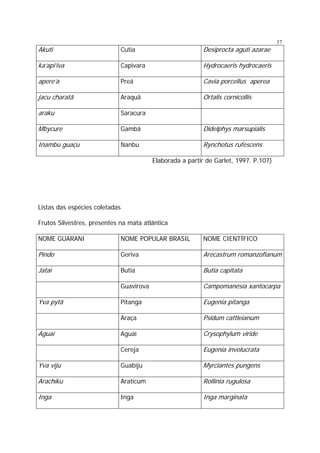 Akuti

Cutia

Desiprocta aguti azarae

ka’api’iva

Capivara

Hydrocaeris hydrocaeris

apere’a

Preá

Cavia porcellus aperea

jacu charatã

Araquã

Ortalis cornicollis

araku

Saracura

Mbycure

Gambá

Didelphys marsupialis

Inambu guaçu

Nanbu

37

Rynchotus rufescens
Elaborada a partir de Garlet, 1997. P.107)

Listas das espécies coletadas
Frutos Silvestres, presentes na mata atlântica
NOME GUARANI

NOME POPULAR BRASIL

NOME CIENTÍFICO

Pindo

Geriva

Arecastrum romanzofianum

Jatai

Butia

Butia capitata

Guavirova

Campomanésia xantocarpa

Pitanga

Eugenia pitanga

Araça

Psidum cattleianum

Aguai

Crysophylum viride

Cereja

Eugenia involucrata

Yva viju

Guabiju

Myrciantes pungens

Arachiku

Araticum

Rollinia rugulosa

Inga

Inga

Inga marginata

Yva pytã

Aguai

 