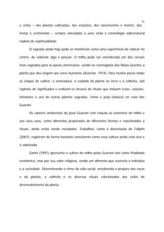 41

e ciclos – das plantas cultivadas, das estações, dos nascimentos e mortes, das
festas e cerimoniais – sempre vinculadas a uma visão e cosmologia sobrenatural
repleta de espiritualidade.
O sagrado ainda hoje pode se manifestar como uma experiência de colocar no
centro, de valorizar algo e possuir. O milho pode ser considerado um dos cereais
mais sagrados para os povos americanos, sendo na cosmogonia dos Maias-Quiches a
planta que deu origem aos seres humanos (Asturias, 1974). Para muitos povos todas
as etapas de cultivo: a semeadura, o cuidado da planta na terra e a colheita, são
repletos de significados e realizam-se através de rituais que incluem rezas, canções,
intenções e uso de outras plantas sagradas, como o pety (tabaco) no caso dos
Guarani.
Os saberes ambientais do povo Guarani com relação as sementes de milho e
aos seus usos, como alimentos preparados de diferentes formas e relacionados a
rituais, ainda estão sendo estudados. Trabalhos, como a dissertação de Felipim
(2001), registram de forma bastante consistente como essa cultura ainda está viva e
é valorizada.
Garlet (1997) apresenta o cultivo do milho pelos Guarani não como finalidade
econômica, mas por seu valor religioso, sendo um alimento que sustenta o indivíduo
e a sociedade. Determinando o ritmo da vida social, envolvendo o preparo das roças
e do plantio, a colheita e os diversos rituais relacionados aos ciclos de
desenvolvimento da planta.

 