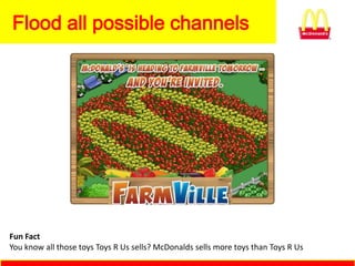 Flood all possible channels




Fun Fact
You know all those toys Toys R Us sells? McDonalds sells more toys than Toys R Us
 