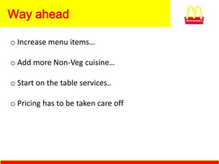 Way ahead

o Increase menu items…

o Add more Non-Veg cuisine…

o Start on the table services..

o Pricing has to be taken care off
 