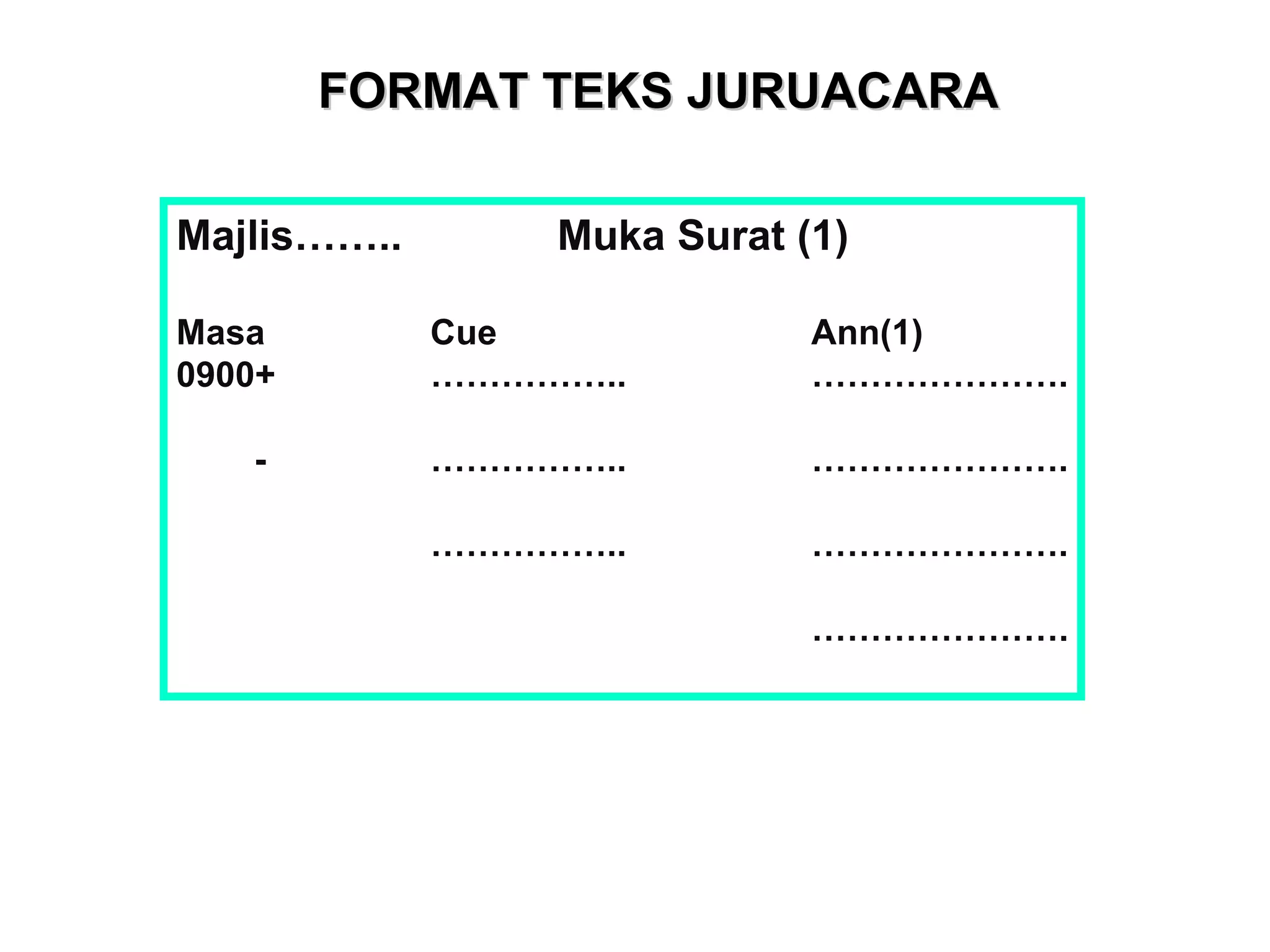 FORMAT TEKS JURUACARAFORMAT TEKS JURUACARA
Majlis…….. Muka Surat (1)
Masa Cue Ann(1)
0900+ …………….. ………………….
- …………….. ………………….
…………….. ………………….
………………….
 