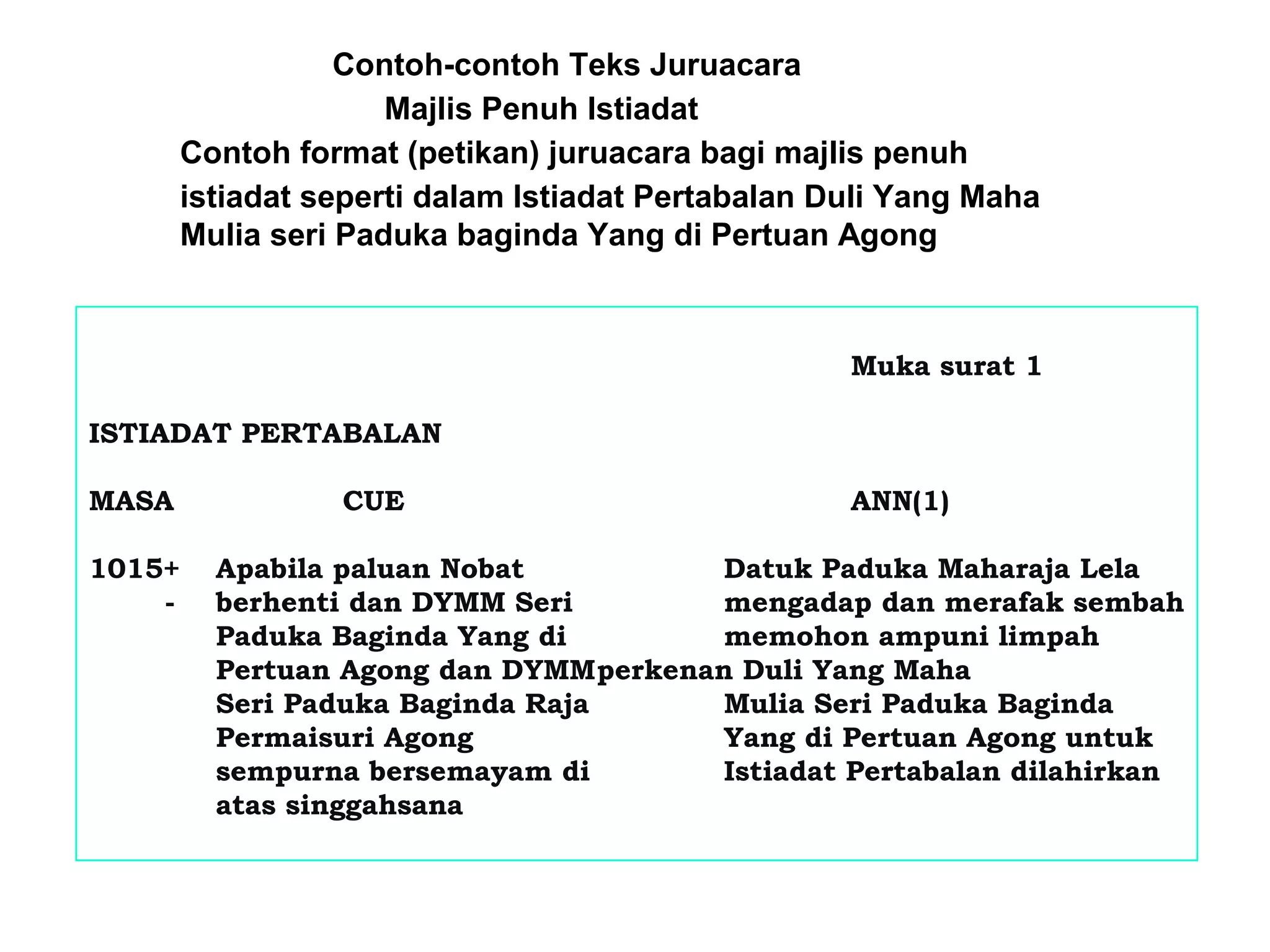 Contoh-contoh Teks Juruacara
Majlis Penuh Istiadat
Contoh format (petikan) juruacara bagi majlis penuh
istiadat seperti dalam Istiadat Pertabalan Duli Yang Maha
Mulia seri Paduka baginda Yang di Pertuan Agong
Muka surat 1
ISTIADAT PERTABALAN
MASA CUE ANN(1)
1015+ Apabila paluan Nobat Datuk Paduka Maharaja Lela
- berhenti dan DYMM Seri mengadap dan merafak sembah
Paduka Baginda Yang di memohon ampuni limpah
Pertuan Agong dan DYMMperkenan Duli Yang Maha
Seri Paduka Baginda Raja Mulia Seri Paduka Baginda
Permaisuri Agong Yang di Pertuan Agong untuk
sempurna bersemayam di Istiadat Pertabalan dilahirkan
atas singgahsana
 