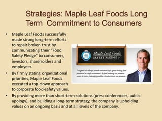 • Maple Leaf Foods successfully
made strong long-term efforts
to repair broken trust by
communicating their “Food
Safety Pledge” to consumers,
investors, shareholders and
employees.
• By firmly stating organizational
priorities, Maple Leaf Foods
executed a top-down approach
to corporate food-safety values.
• By providing more than short-term solutions (press conferences, public
apology), and building a long-term strategy, the company is upholding
values on an ongoing basis and at all levels of the company.
Strategies: Maple Leaf Foods Long
Term Commitment to Consumers
 