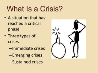 What Is a Crisis?
• A situation that has
reached a critical
phase
• Three types of
crises
–Immediate crises
–Emerging crises
–Sustained crises
 