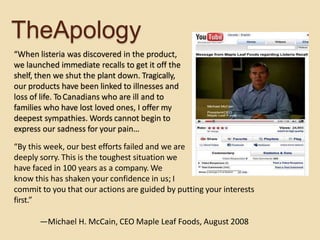 “By this week, our best efforts failed and we are
deeply sorry. This is the toughest situation we
have faced in 100 years as a company. We
know this has shaken your confidence in us; I
commit to you that our actions are guided by putting your interests
first.”
—Michael H. McCain, CEO Maple Leaf Foods, August 2008
TheApology
“When listeria was discovered in the product,
we launched immediate recalls to get it off the
shelf, then we shut the plant down. Tragically,
our products have been linked to illnesses and
loss of life. ToCanadians who are ill and to
families who have lost loved ones, I offer my
deepest sympathies. Words cannot begin to
express our sadness for your pain…
 